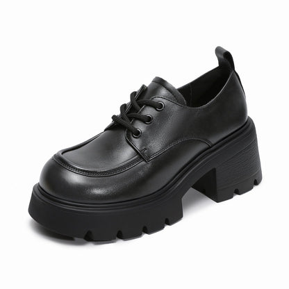 Women's Leather Lace-up Chunky Heel Loafers-RAIIFY