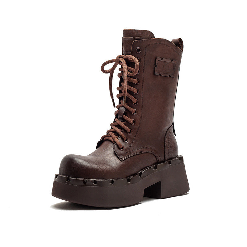 Women's Plain Leather Comfort Platform Riding Boots