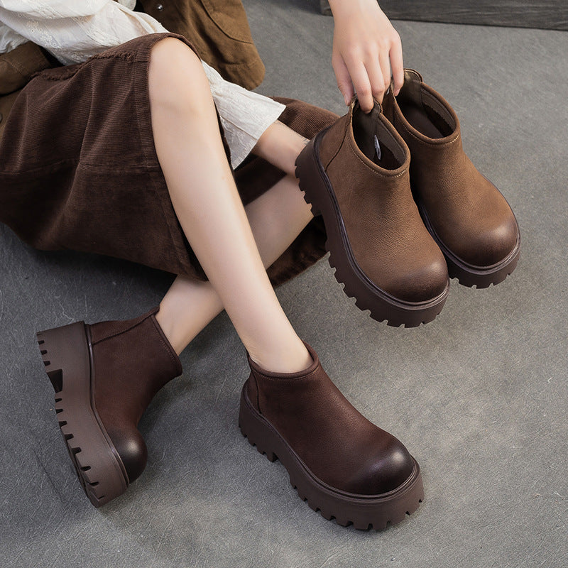 Women's Retro Plain Leather Chunky Platform Ankle Boots