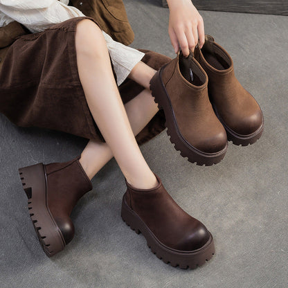 Women's Retro Plain Leather Chunky Platform Ankle Boots