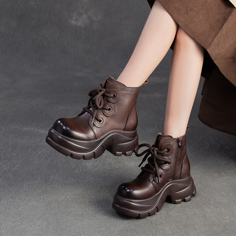 Women's Retro Plain Leather Platform Motorcycle Boots