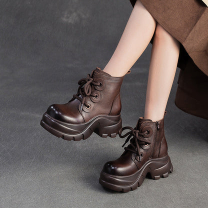 Women's Retro Plain Leather Platform Motorcycle Boots