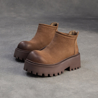 Women's Retro Plain Leather Chunky Platform Ankle Boots-RAIIFY