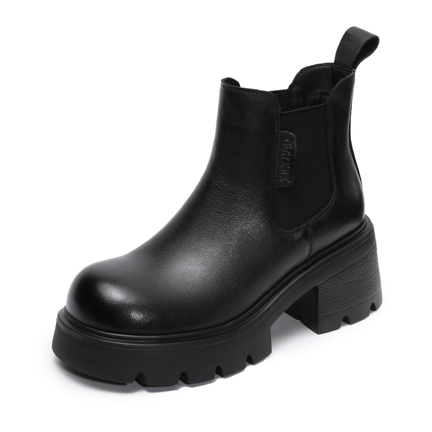 Women's Plain Leather Chunky Heel Slip-on Ankle Boots-RAIIFY