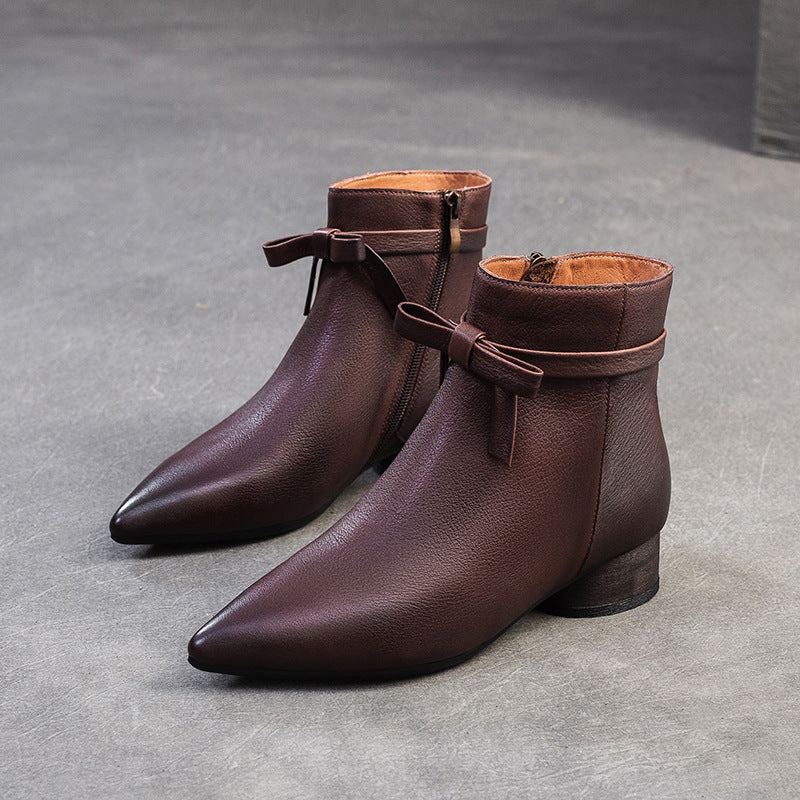 Women's Vintage Plain Leather Pointed Toe Ankle Boots-RAIIFY