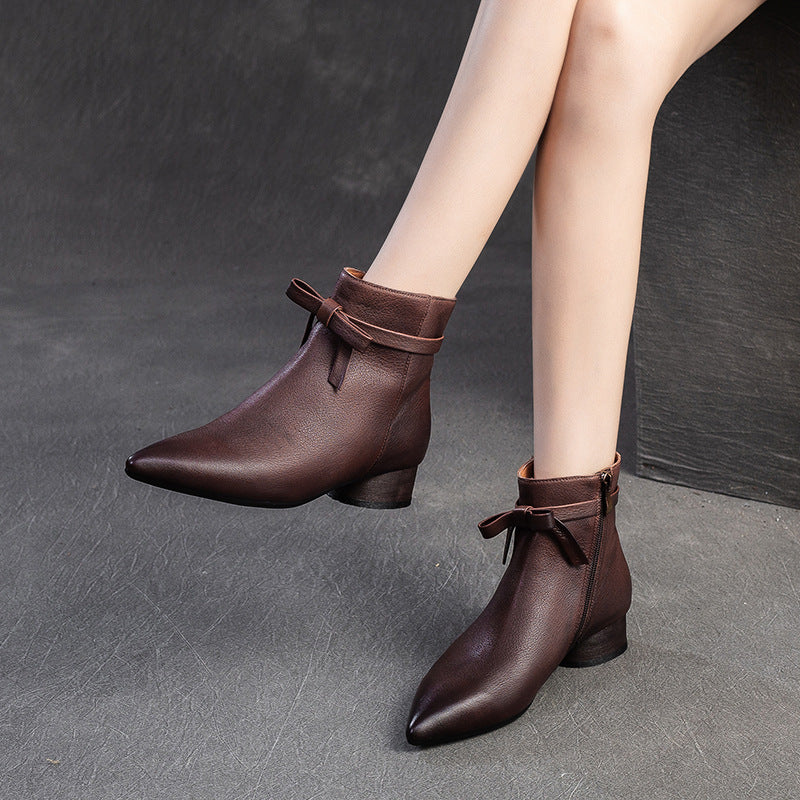 Women's Vintage Plain Leather Pointed Toe Ankle Boots