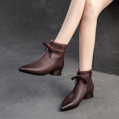 Women's Vintage Plain Leather Pointed Toe Ankle Boots