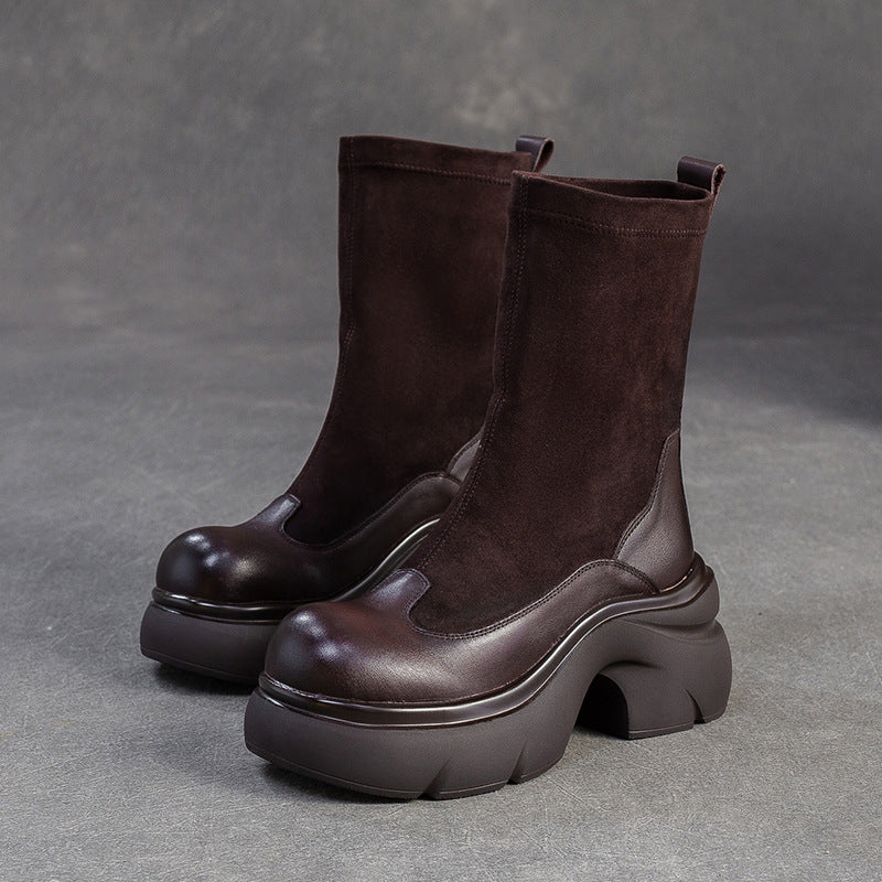 Women's Minimalist Retro Leather Elastic Mid-Calf Boots-RAIIFY