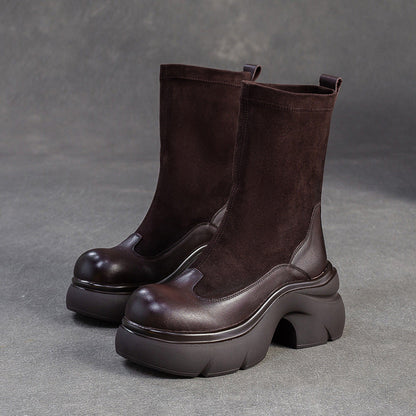 Women's Minimalist Retro Leather Elastic Mid-Calf Boots-RAIIFY