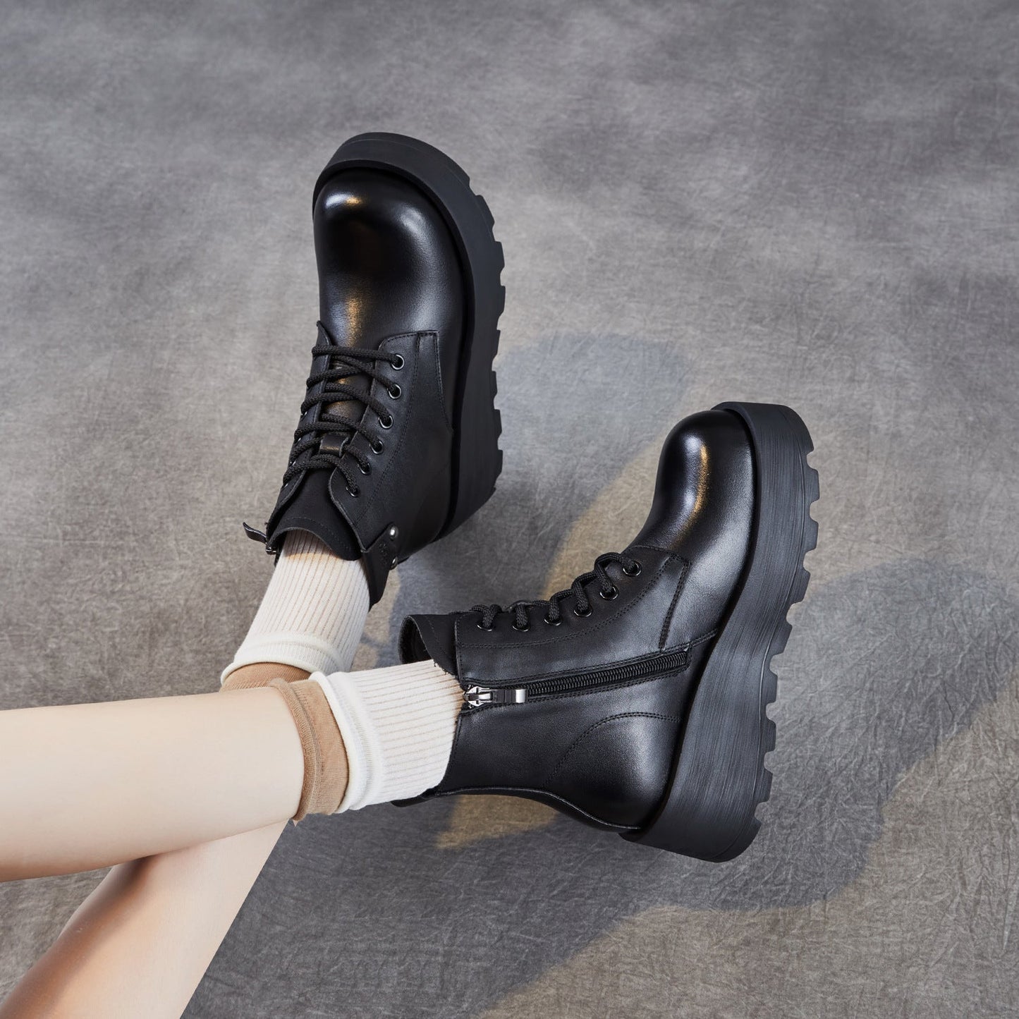 Women's Vintage Plain Leather Platform Boots