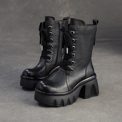 Women's Vintage Leather Chunky Platform Mid-Calf Boots-RAIIFY