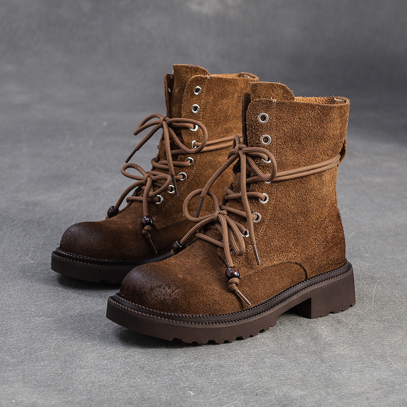 Women's Vintage Plain Leather Casual Lace-up Boots-RAIIFY