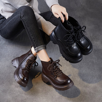 Women's Retro Plain Leather Comfort Platform Ankle Boots