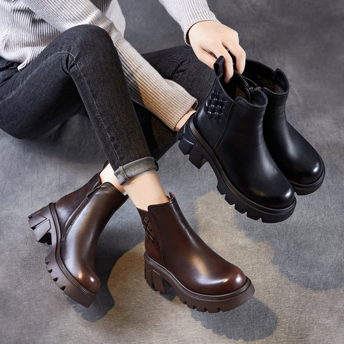 Women's Minimalist Woven Plain leather Platform Ankle Boots