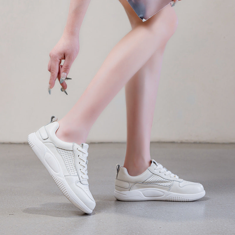 Women's Perforated Cowhide Leather White Sneakers