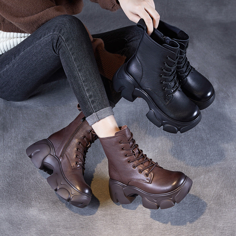 Women's Retro Plain Leather Chunky Platform Boots