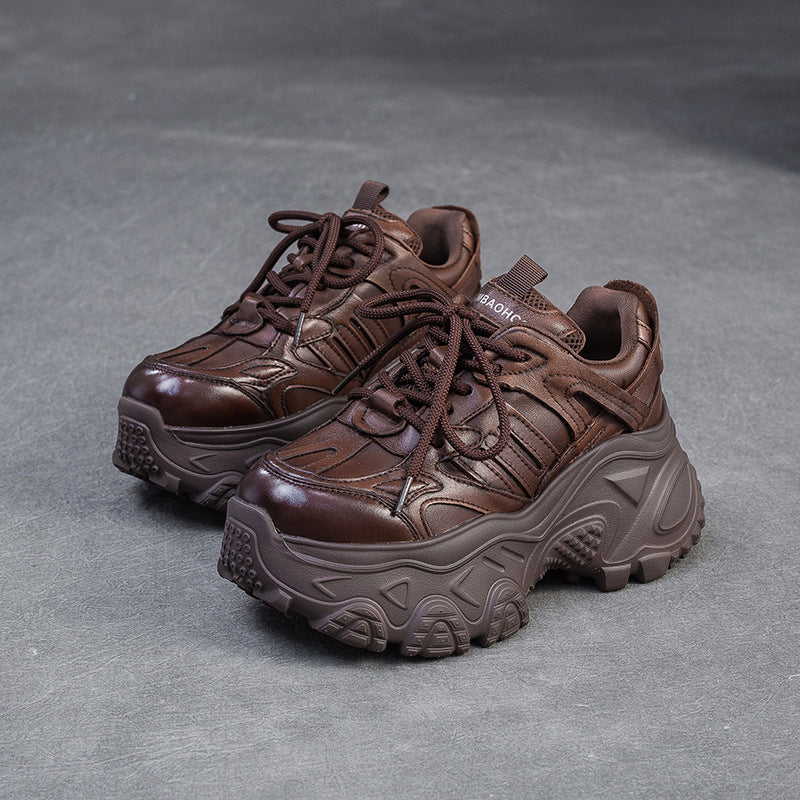 Women's Minimalist Plain Leather Chunky Platform Sneakers-RAIIFY