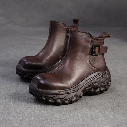Women's Vintage Chunky-Sole Leather Ankle Boots-RAIIFY