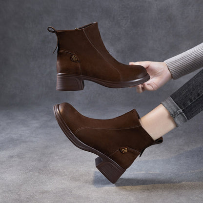 Women's Vintage Leather Chunky Heel Ankle Boots