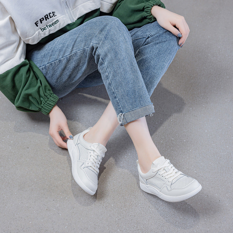 Women's Fashion Plain Breathable Leather Casual Sneakers