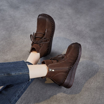 Women's Retro Plain Leather Wedge Ankle Boots