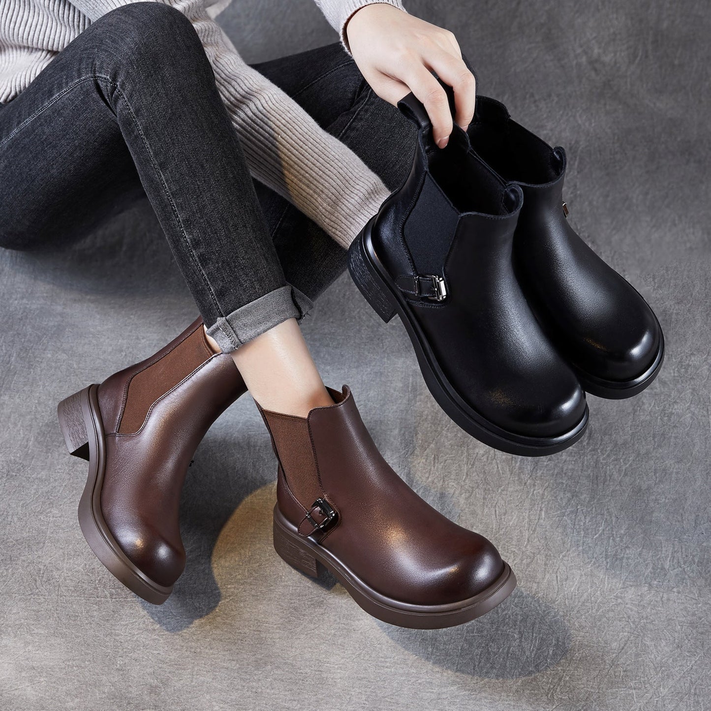 Women's Minimalist Plain Leather Slip-on Ankle Boots