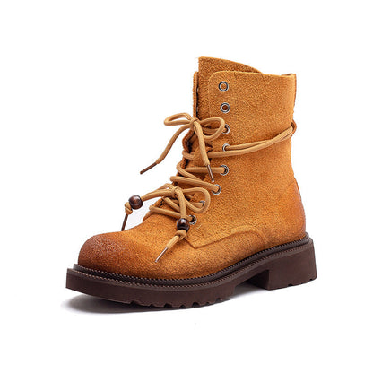 Women's Vintage Plain Leather Casual Lace-up Boots