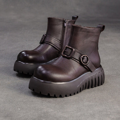Women's Minimalist Plain Leather Ankle Platform Boots-RAIIFY