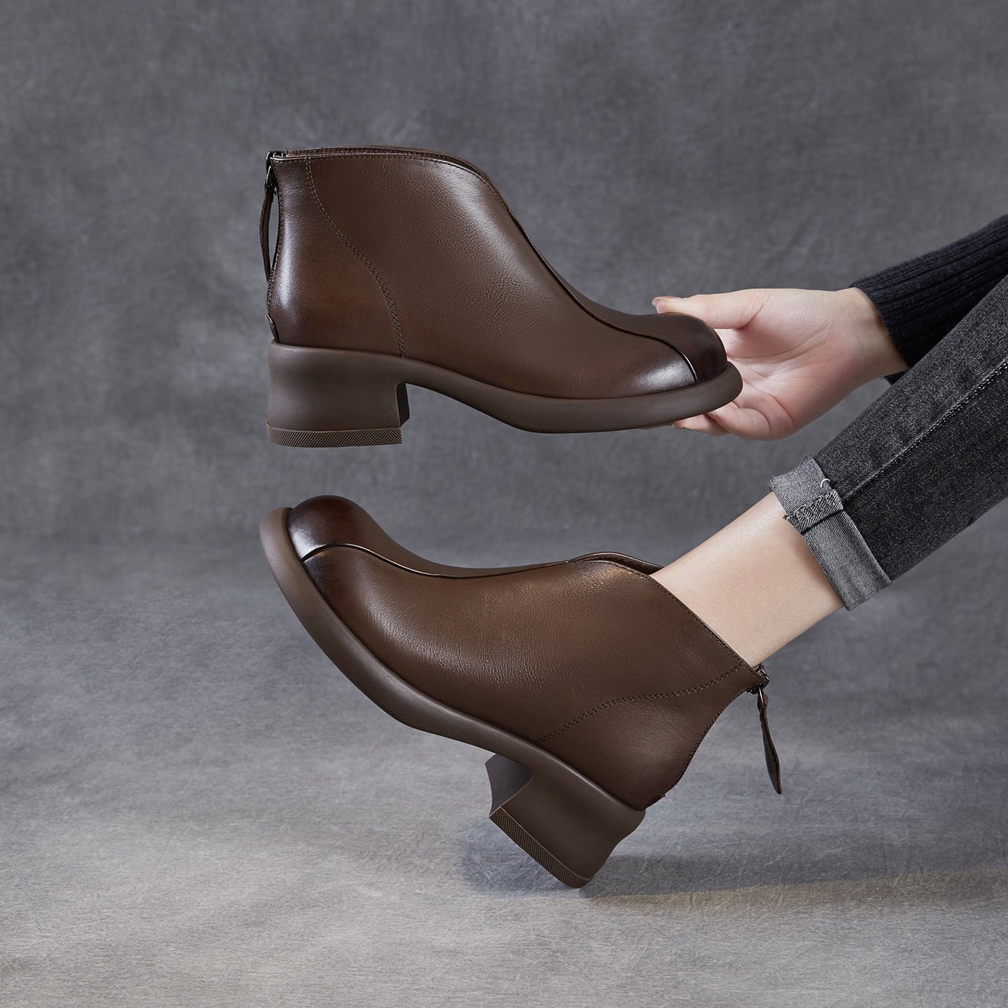 Women's Retro Plain Leather Low Block Ankle Boots