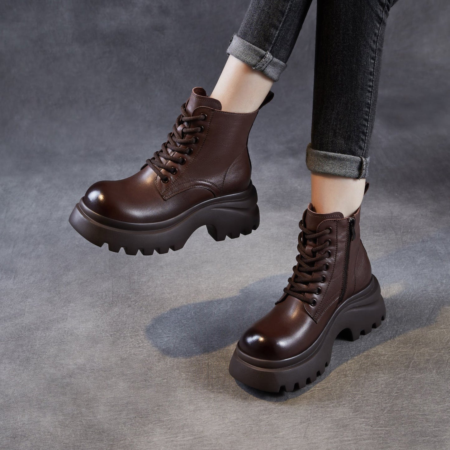 Women's Retro Plain Leather Chunky Platform Boots