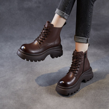 Women's Retro Plain Leather Chunky Platform Boots