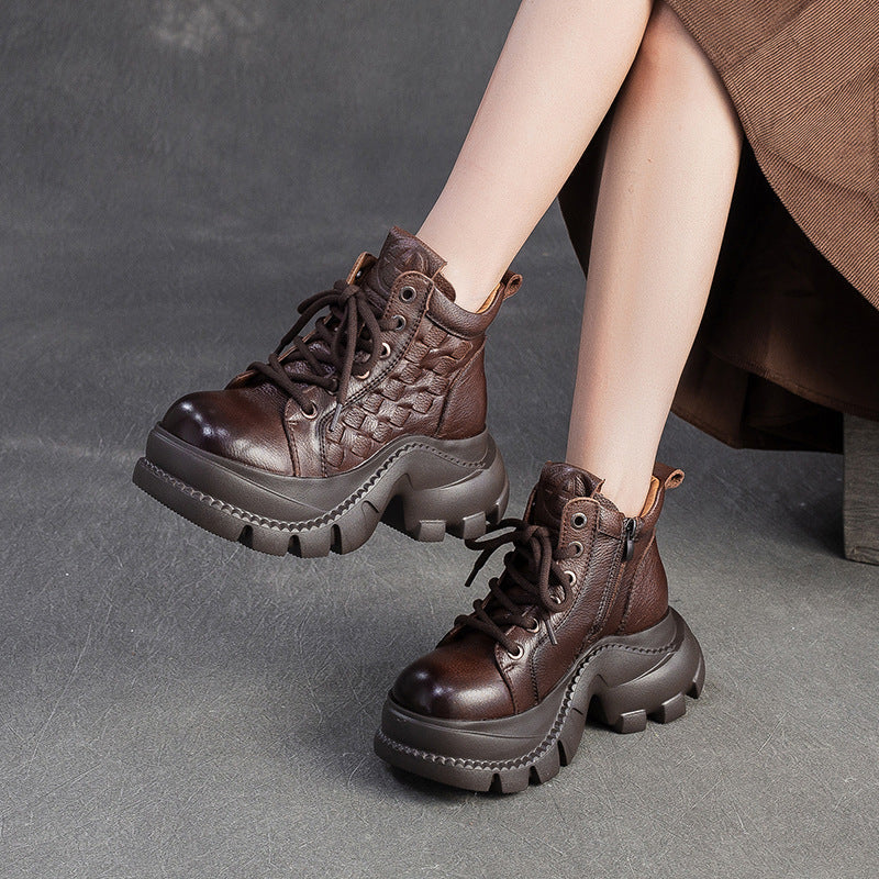 Women's Retro Woven Leather Comfort Platform Boots