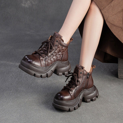 Women's Retro Woven Leather Comfort Platform Boots