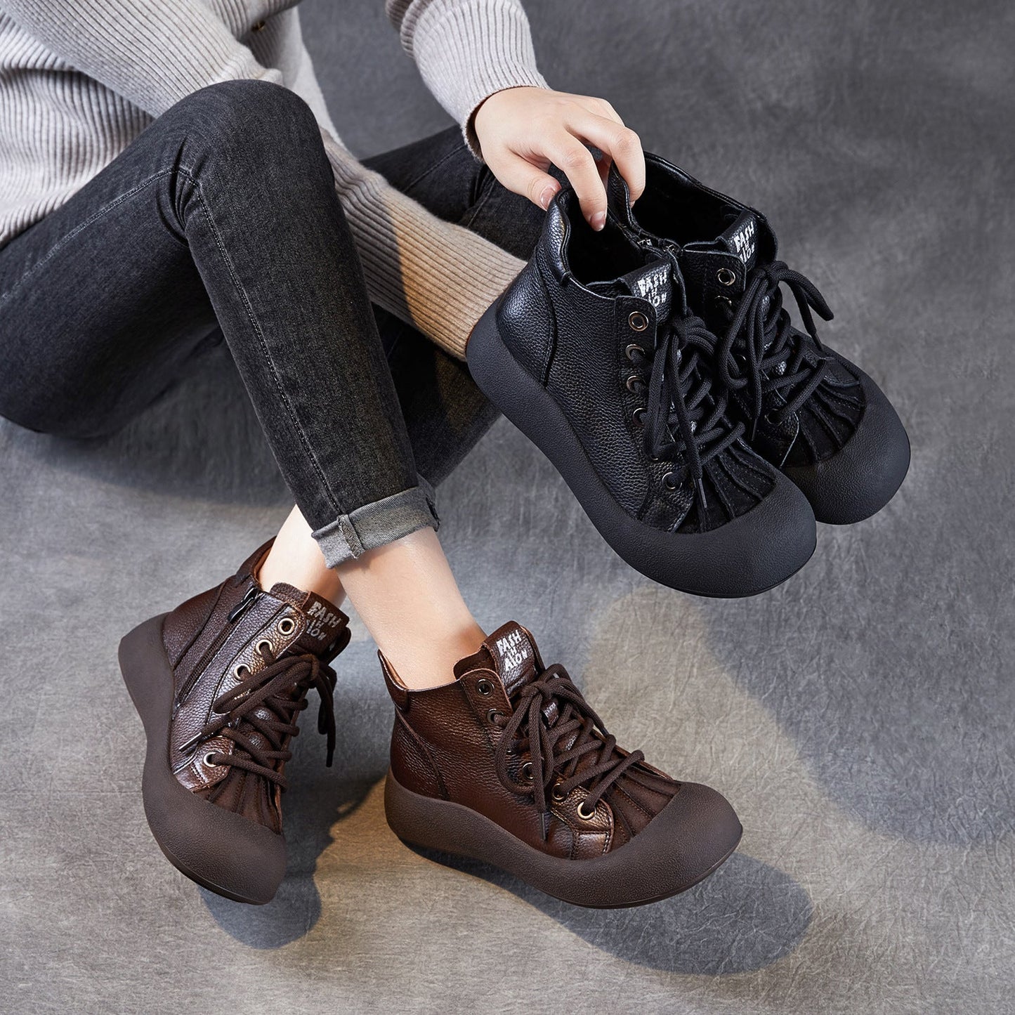 Women's Plain Leather Comfort Casual Flat Ankle Boots