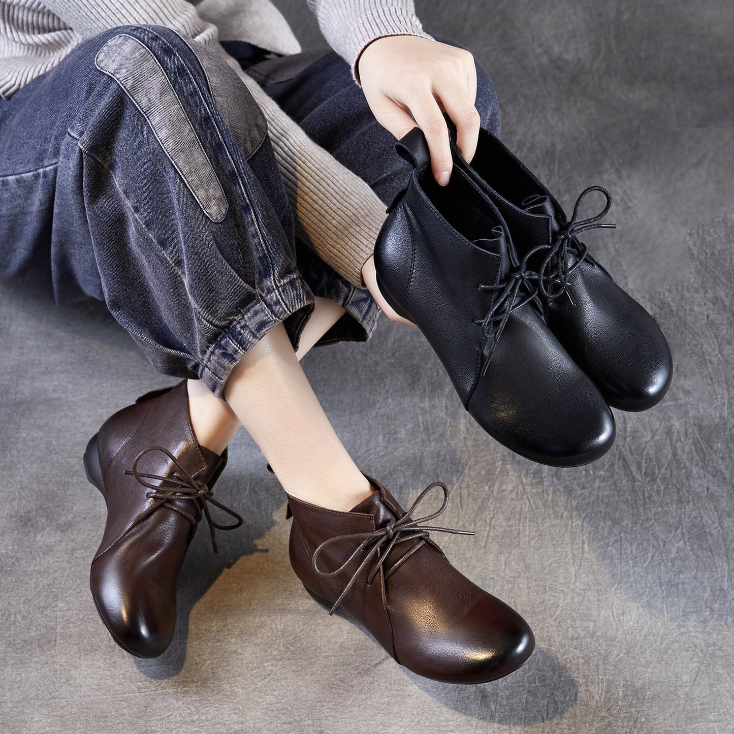 Women's Plain Leather Lace-up Casual Ankle Boots