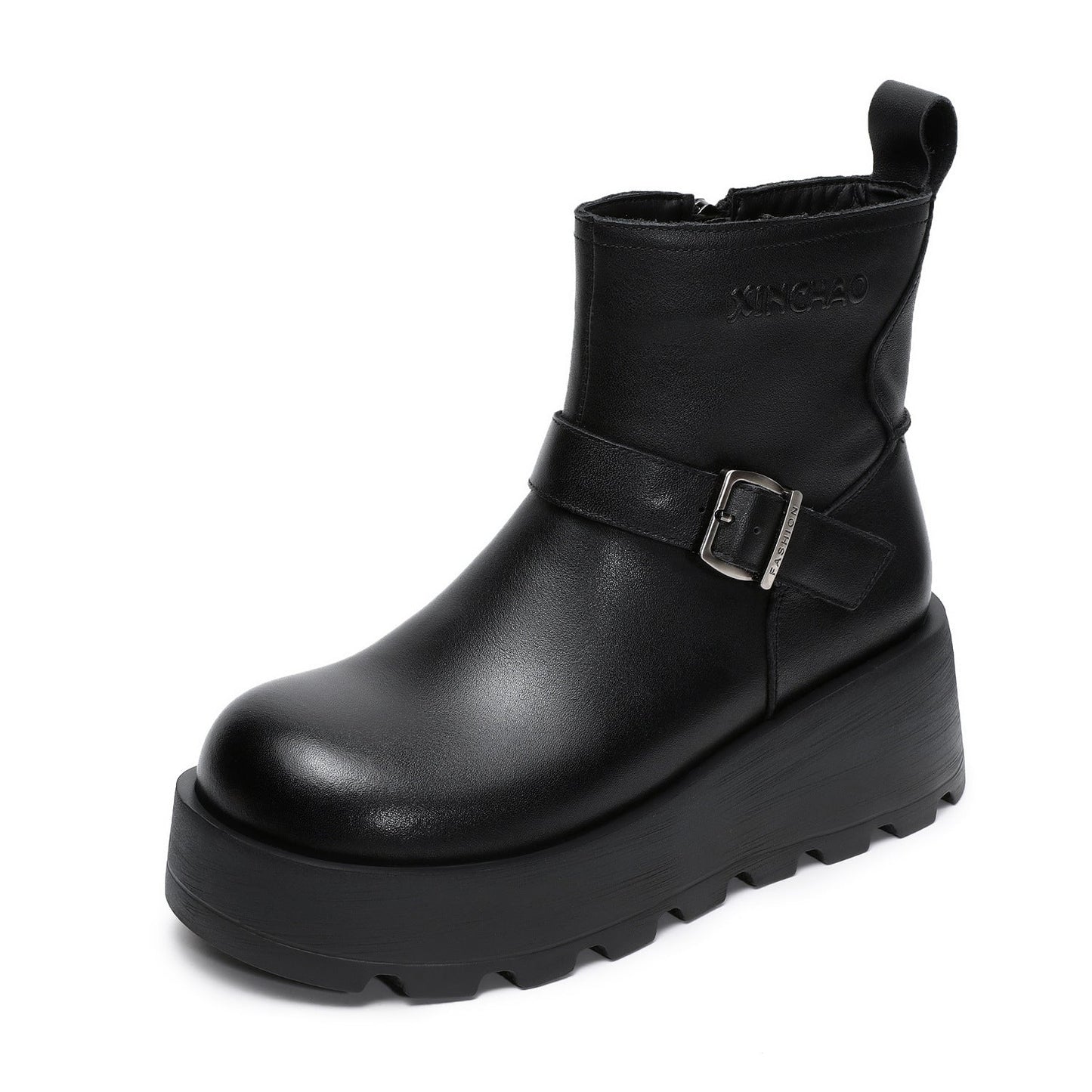 Women's Vintage Plain Leather Chunky Platform Ankle Boots-RAIIFY