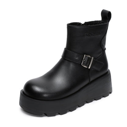 Women's Vintage Plain Leather Chunky Platform Ankle Boots-RAIIFY
