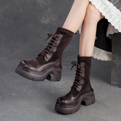 Women's Casual Leather Mid-Calf Platform Boots