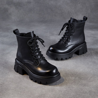 Women's Minimalist Plain Leather Chunky Platform Boots