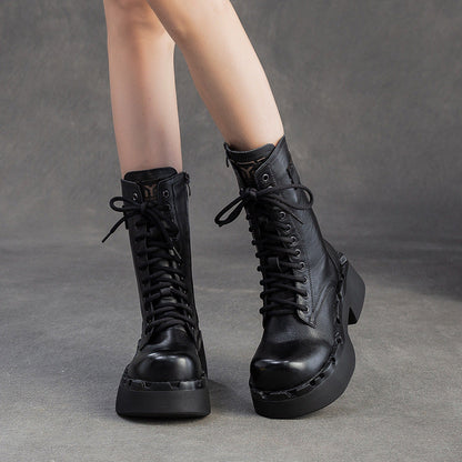 Women's Plain Leather Comfort Platform Riding Boots