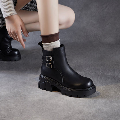 Women's Classic Plain Leather Buckle Platform Ankle Boots