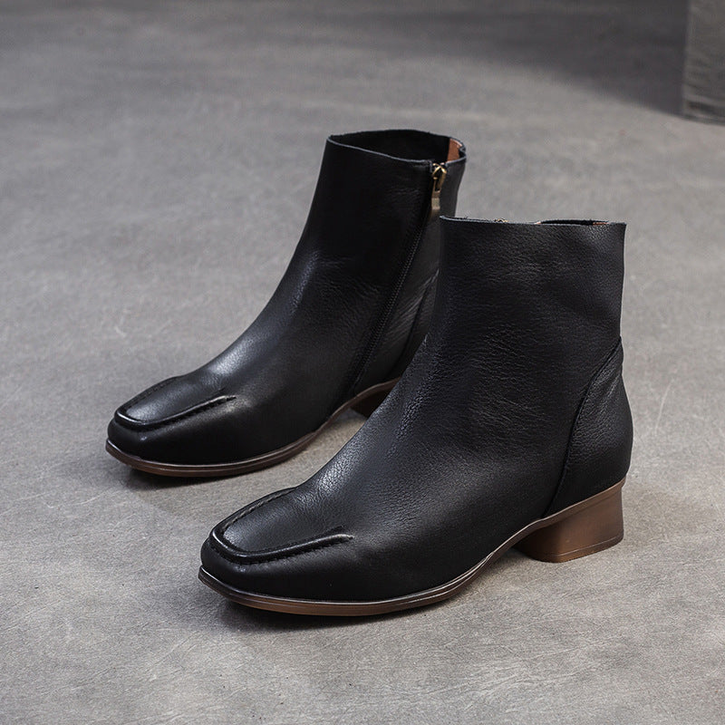 Women's Retro Soft Leather Comfort Low Block Ankle Boots-RAIIFY