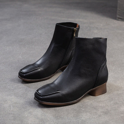 Women's Retro Soft Leather Comfort Low Block Ankle Boots-RAIIFY