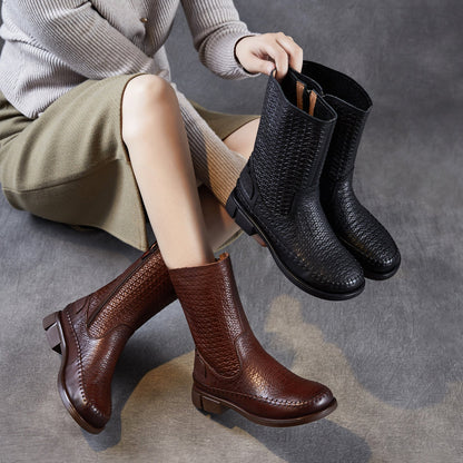 Women's Vintage Woven Embossing Leather Mid-Calf Boots