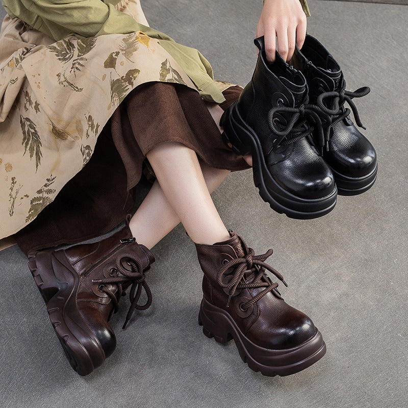 Women's Retro Plain Leather Platform Motorcycle Boots