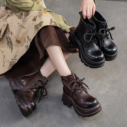 Women's Retro Plain Leather Platform Motorcycle Boots