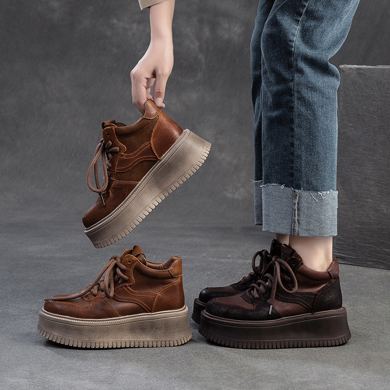Women's Retro Leather High Top Platform Casual Shoes