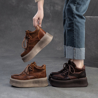 Women's Retro Leather High Top Platform Casual Shoes