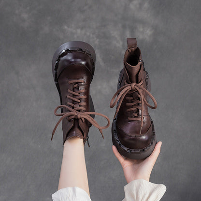 Women's Retro Leather Chunky Platform Ankle Boots
