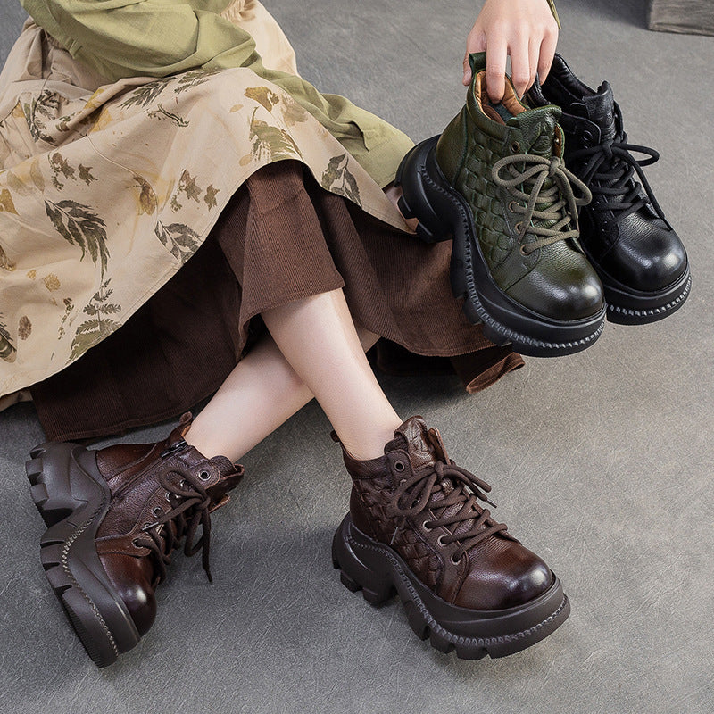 Women's Retro Woven Leather Comfort Platform Boots